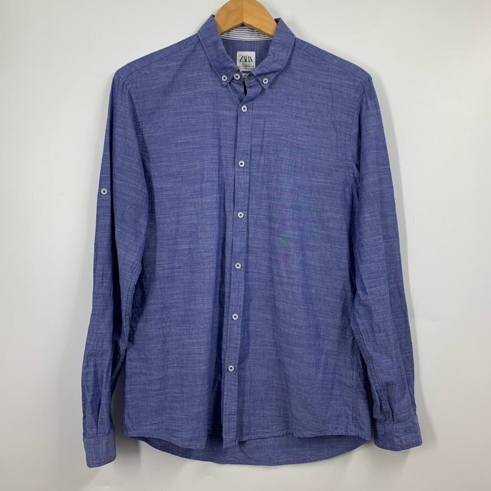 Zara Women's Relaxed Fit Cotton Chambray Button Down Long Sleeve Shirt Size M